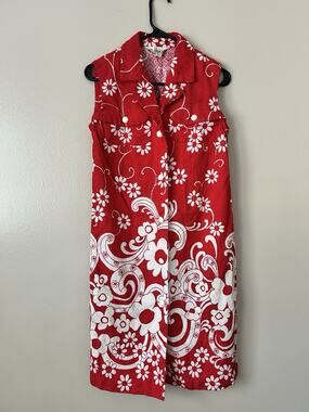 Vintage 60s Dynasty Hong Kong Red Floral Mod Shift Dress Size S 34x37
